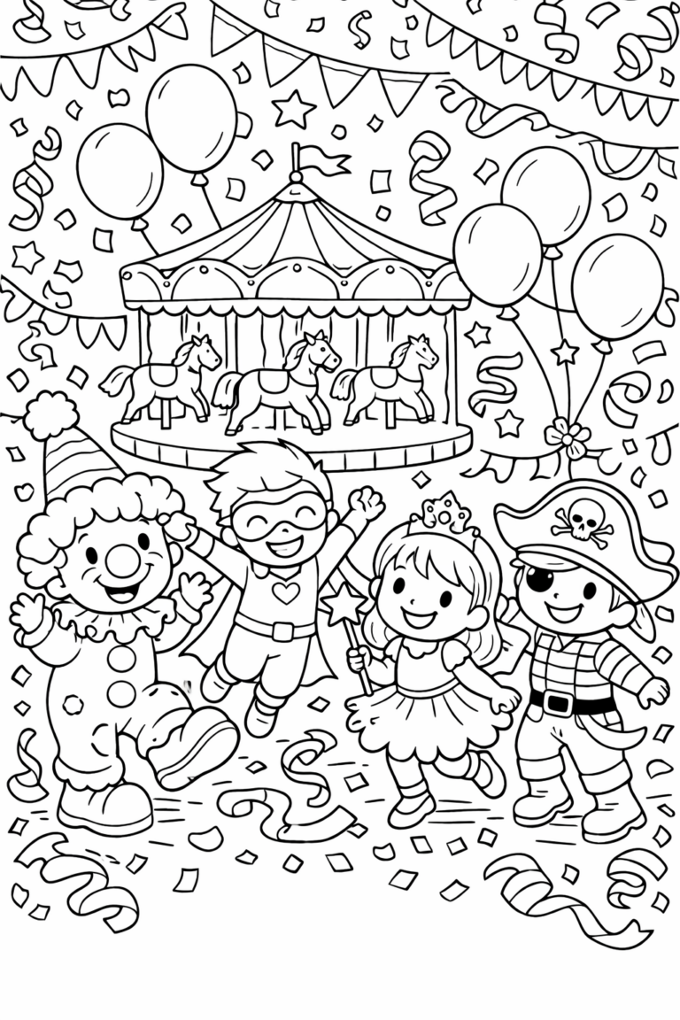 Children dressed in fun costumes celebrate at a carnival. They are surrounded by a merry-go-round, horses, streamers, and balloons. This lively scene invites kids to add color and joy, capturing the festive carnival atmosphere.