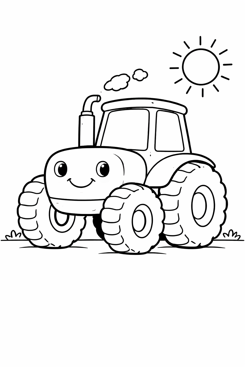 A delightful coloring page showcasing a smiling cartoon tractor with large wheels and exhaust smoke, set under a sunny sky, inviting children to color and have fun.