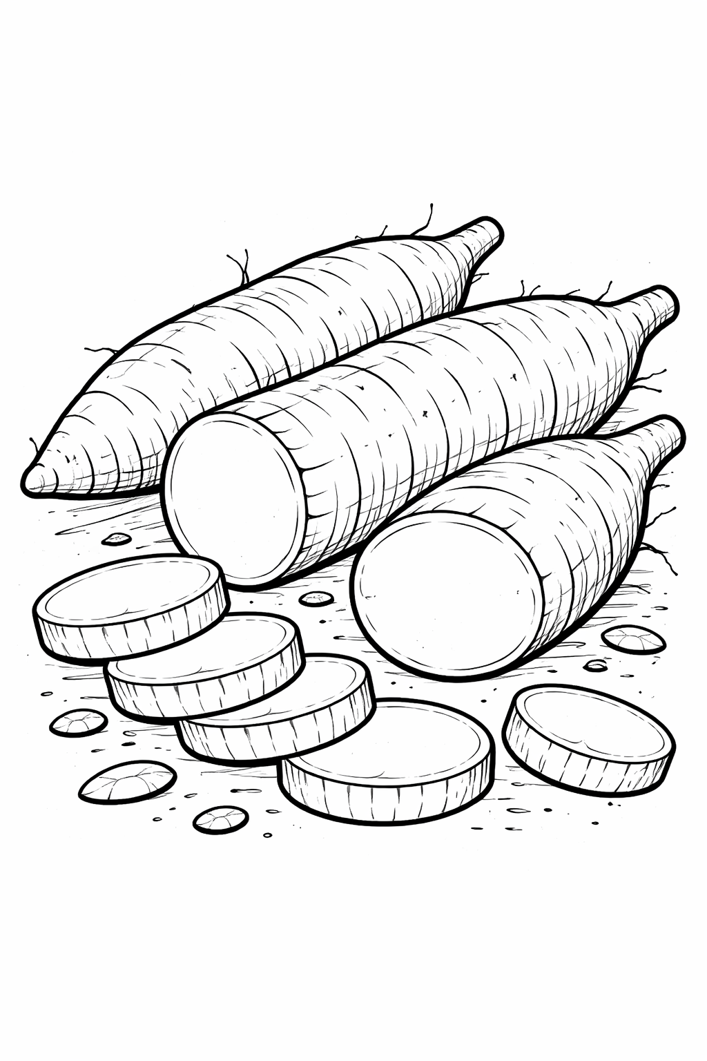 Detailed illustration of cassava roots, including both whole and sliced pieces, providing a simple yet engaging coloring experience for children interested in learning about vegetables.