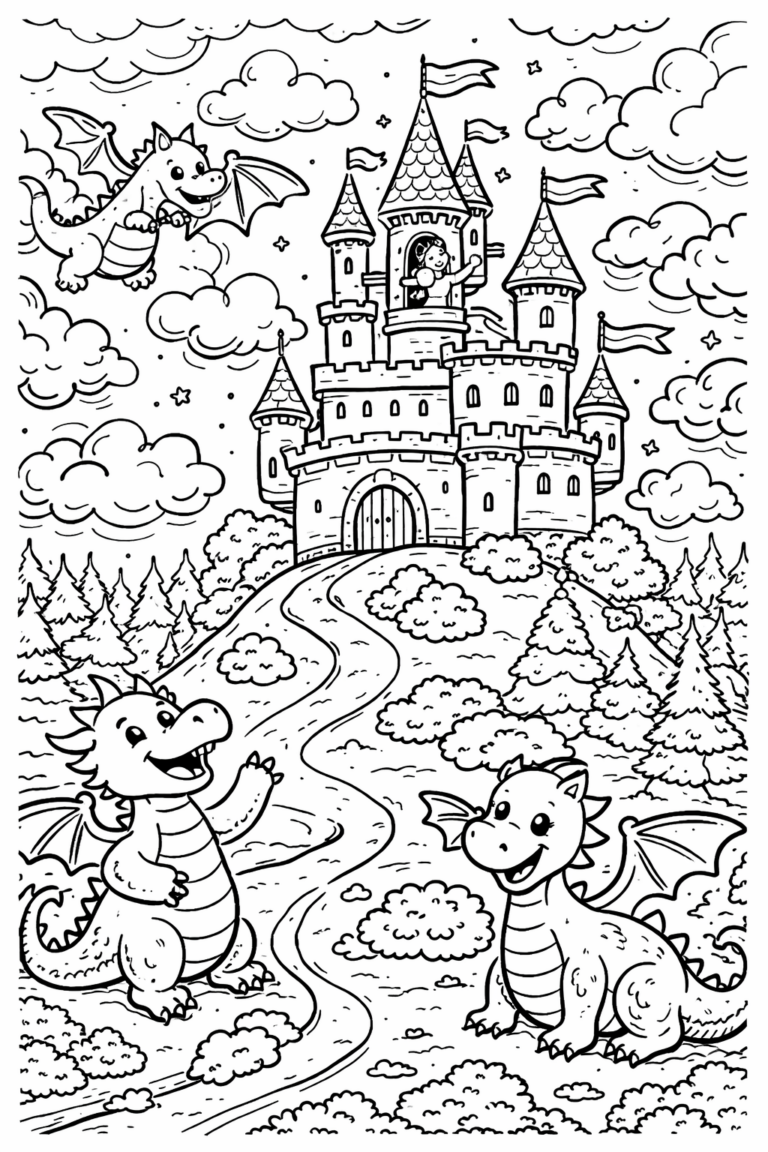 A coloring page with a grand castle, three friendly dragons, and a princess waving from a tower, surrounded by clouds and trees.