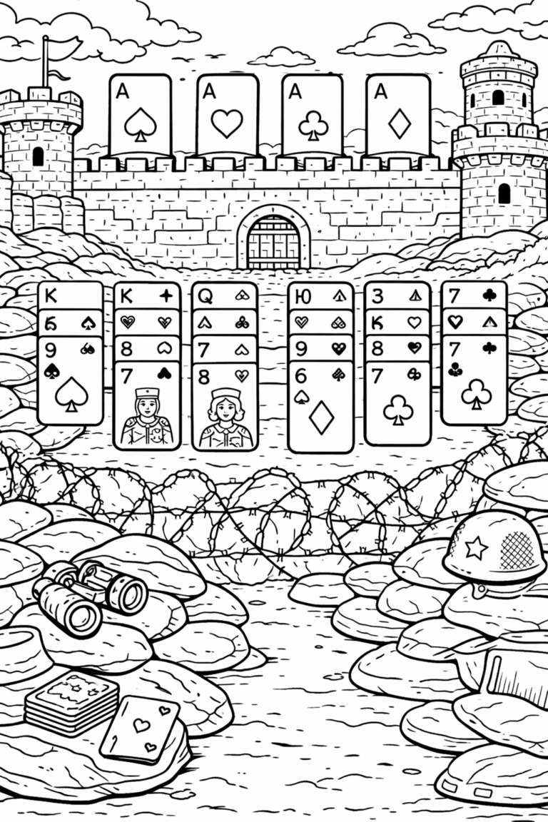 A detailed coloring page showing a medieval castle with card game elements. Children can color various parts including the castle, cards, and surrounding objects like binoculars and helmets.