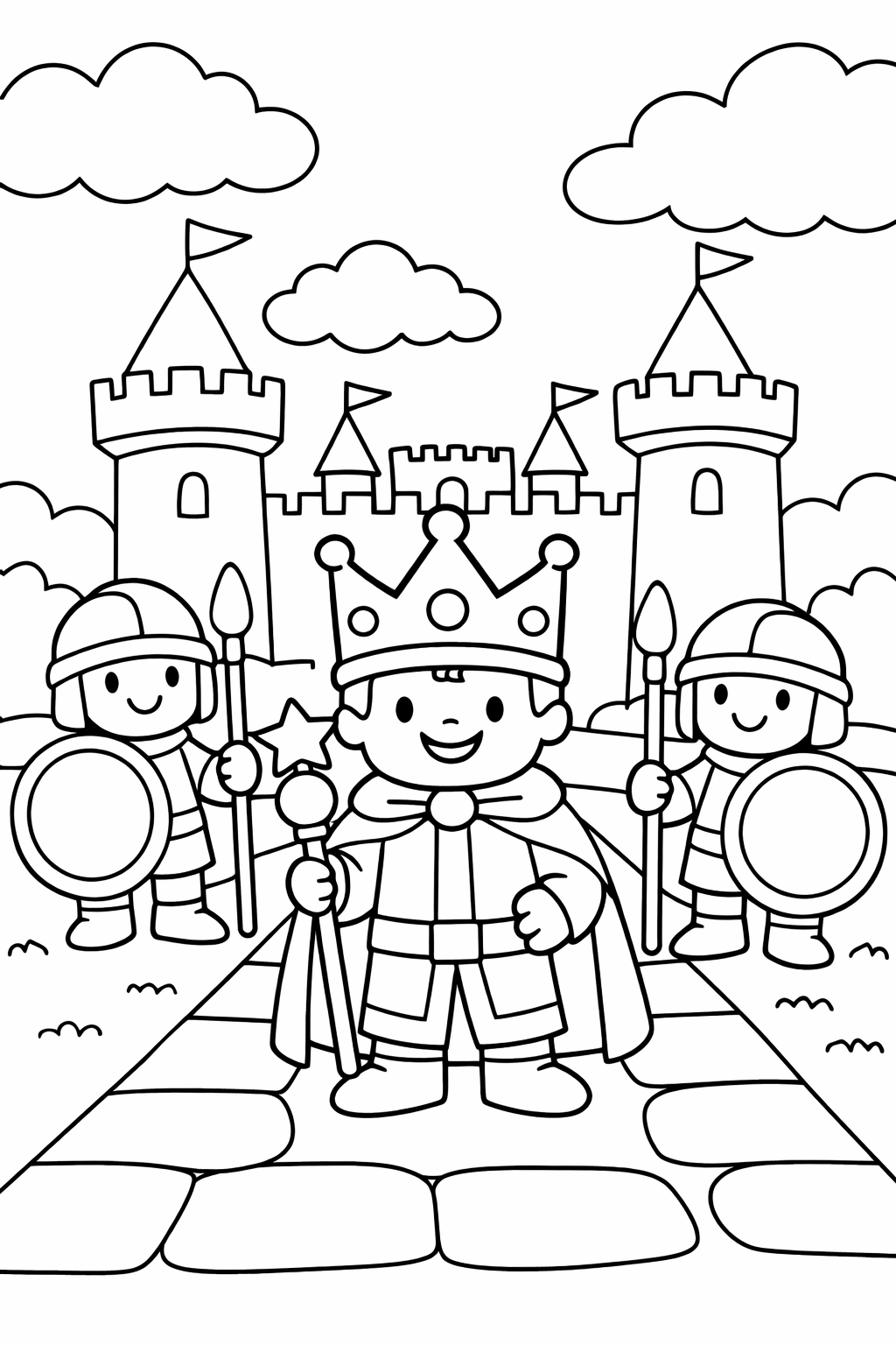 A joyful king with guards stands proudly before a castle with flags. Children can color this fairy tale scene, complete with a cobblestone path and armored guards.