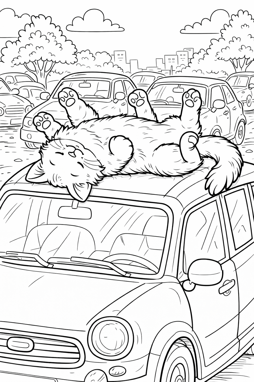 A peaceful cat lying on the roof of a car, surrounded by parked cars and trees in the background. The scene creates a sense of tranquility, perfect for engaging children's imagination as they color.