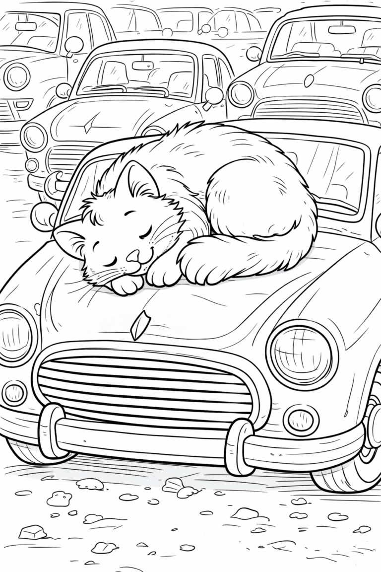Coloring page depicting a cat sleeping on a car with several other cars in the background. A serene and playful scene crafted for children's enjoyment.