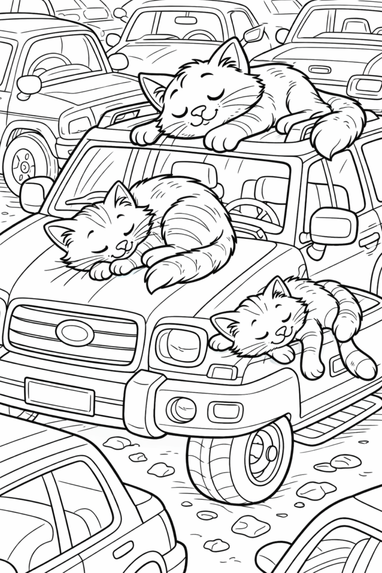 Three cute cats are peacefully sleeping on a car, surrounded by a variety of other cars in the parking lot. Children can bring this charming scene to life with their choice of colors.