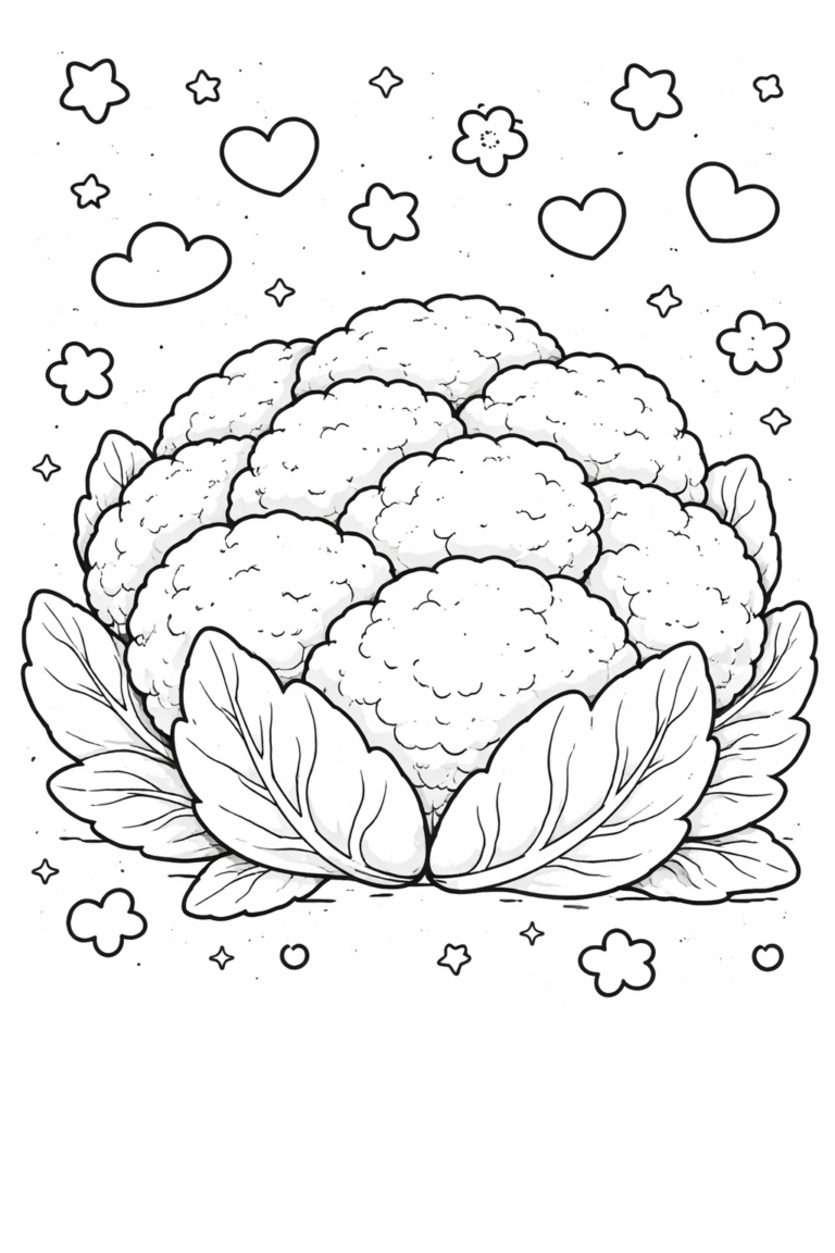 Coloring page of a large cauliflower with surrounding hearts, stars, and clouds. Ideal for kids to explore different colors and express their creativity with this playful and educational activity.