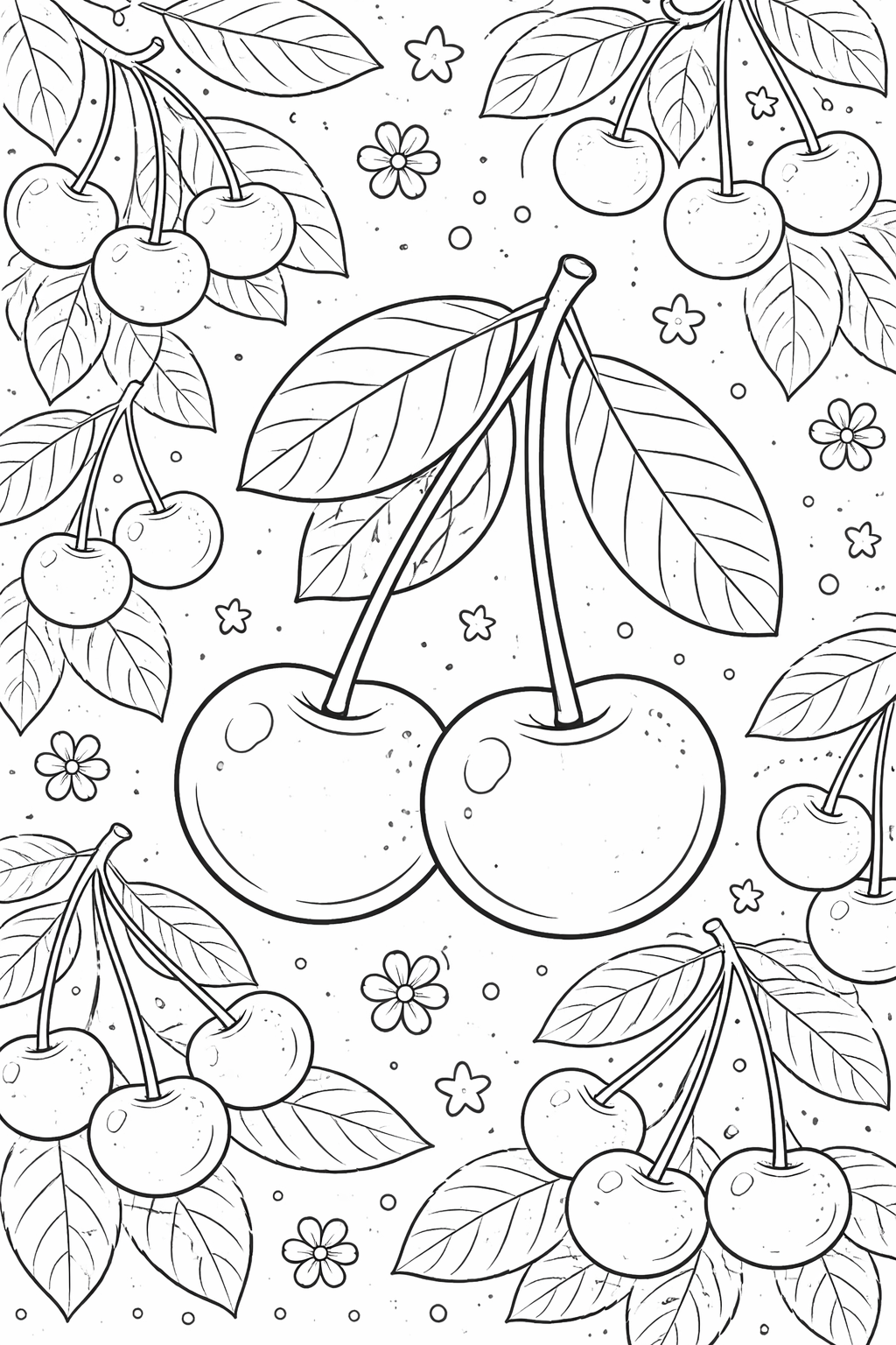 A coloring page with a detailed illustration of cherries, leaves, and small blossoms. The design includes several cherry clusters and decorative elements inviting children to explore their creativity.