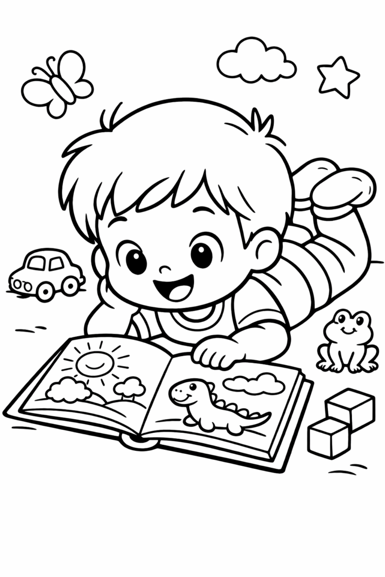 A child is joyfully reading a picture book while laying down. Nearby, there is a frog, a toy car, a butterfly, and building blocks, which add fun elements to color.