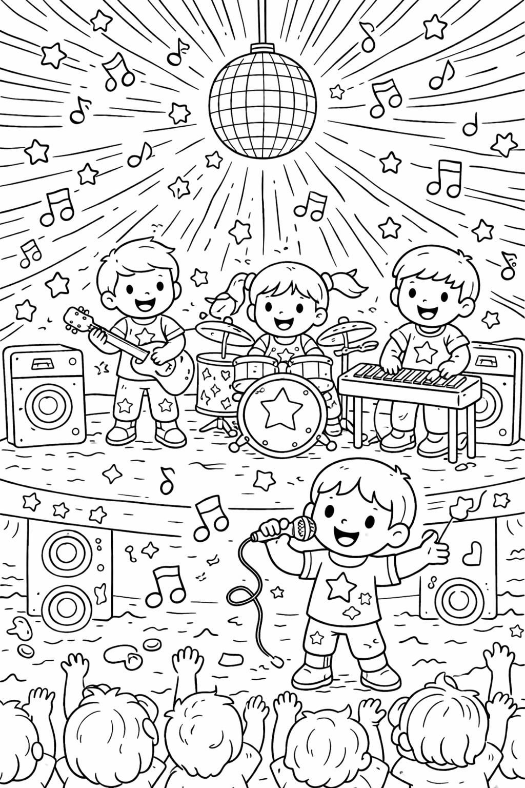 A cheerful music concert scene featuring children playing instruments under a disco ball. The audience is clapping hands while music notes and stars decorate the scene, creating a lively, engaging atmosphere for kids to color.