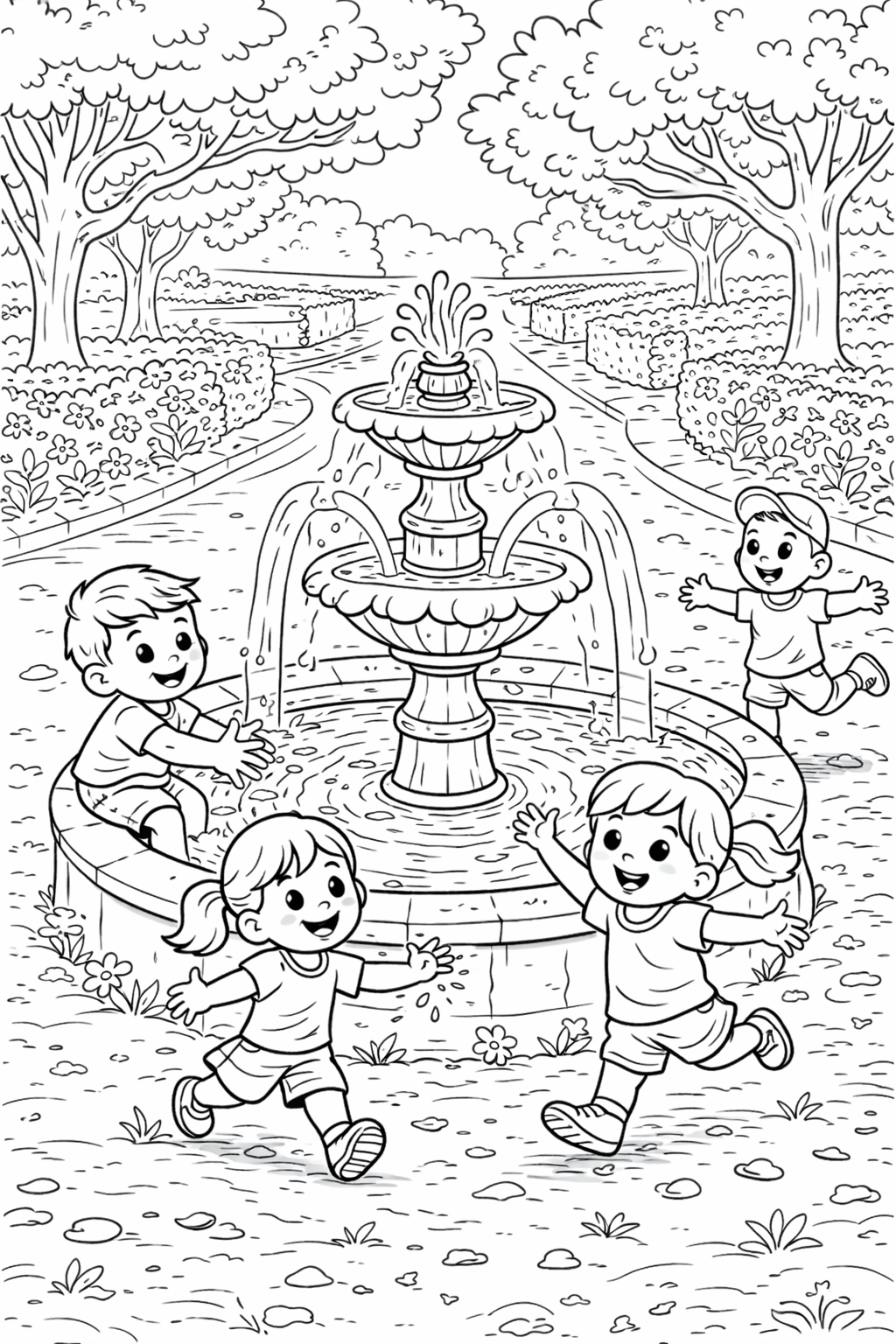 Children play happily around a fountain in a park, with trees and flowers decorating the background. This coloring page invites creativity with its lively scene and intricate details, offering a delightful activity for kids.