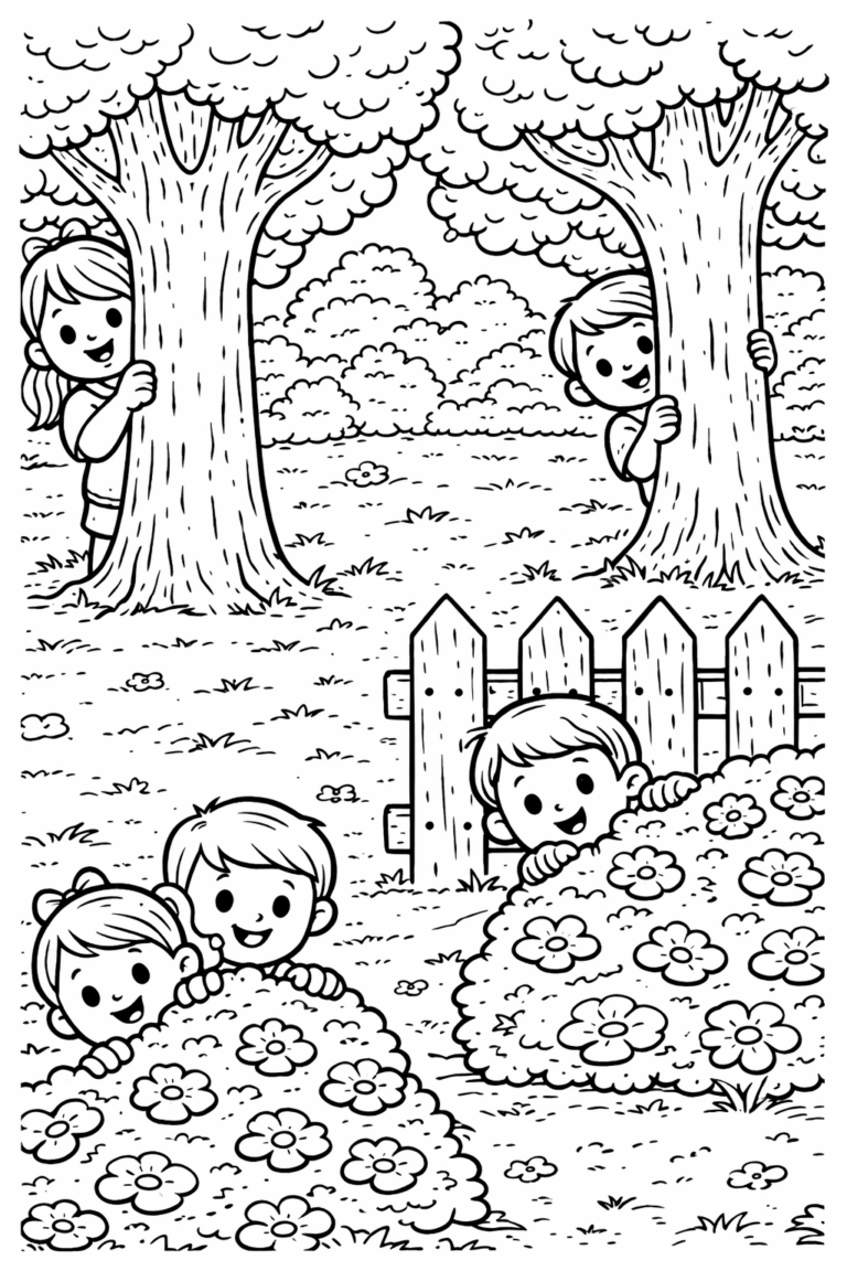 A delightful coloring page of children playing hide and seek outdoors among trees and bushes in a park. The playful scene includes a picket fence and flowers.