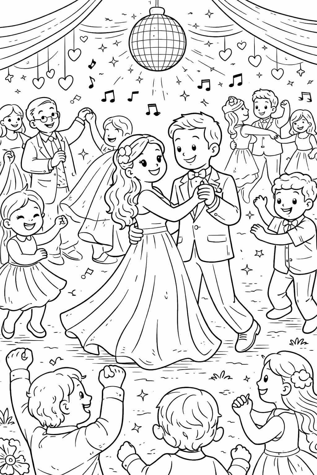 A lively children's dance party scene with smiling kids dressed up, dancing under a disco ball. The page is lined with musical elements and decorative hearts, creating a joyful atmosphere ready for vibrant colors.