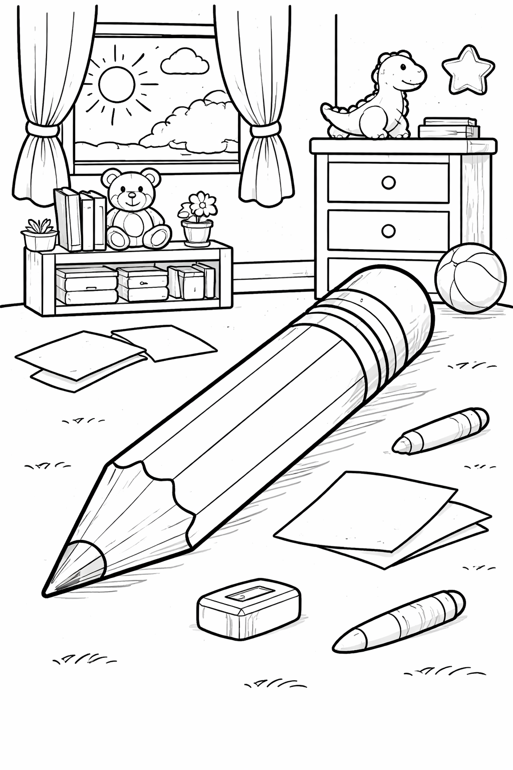 A whimsical children's room with a teddy bear, dinosaur toy, and large pencil. Bright sunlight pours through the window, inviting imagination and creativity in coloring the delightful space.