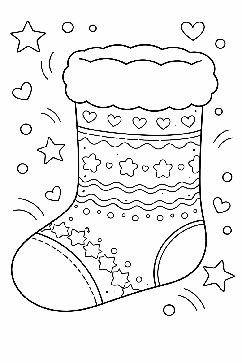 A Christmas stocking outlined on a coloring page, decorated with hearts, stars, and patterns, offering a joyful holiday activity for children to fill with colors.