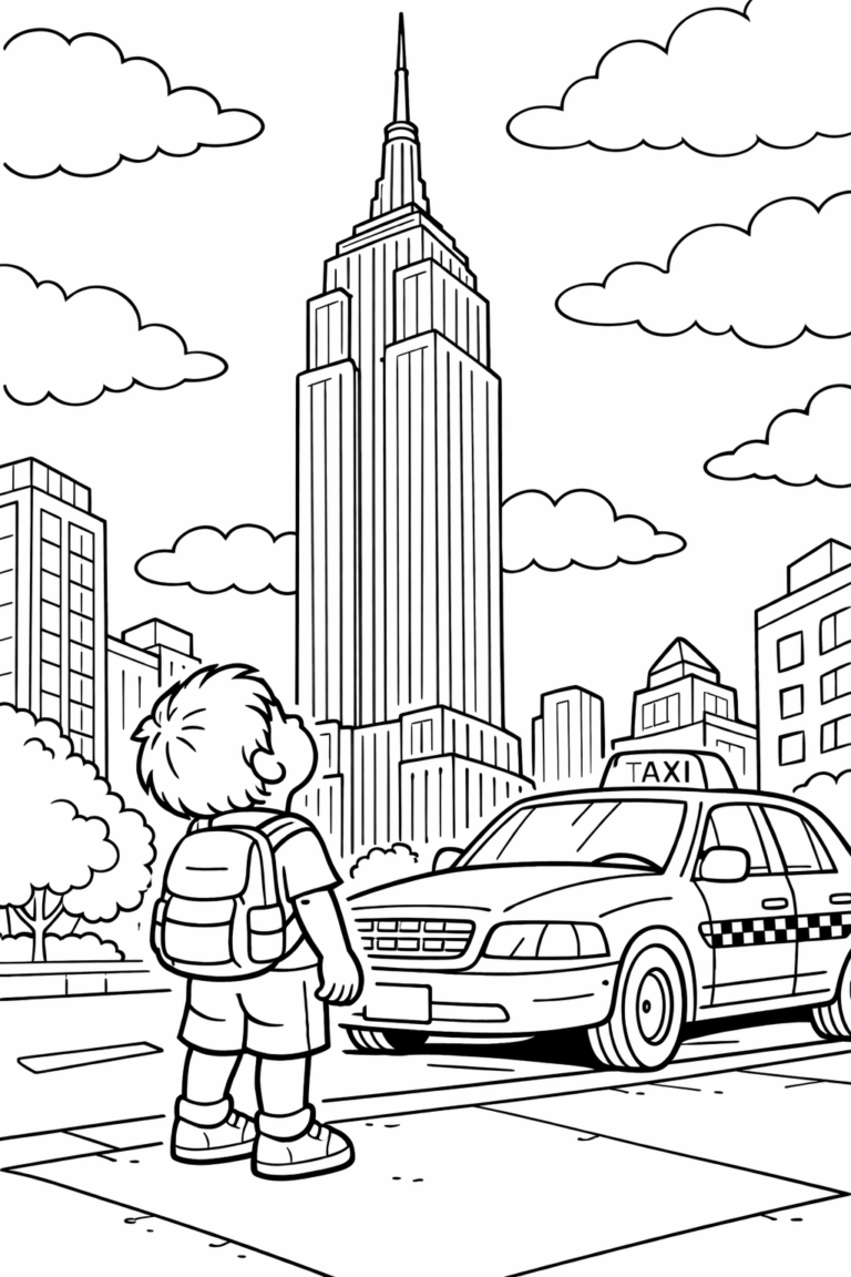 A young child stands on a city street, looking up at a tall skyscraper and surrounded by other urban buildings. A taxi waits nearby, all set under a sky with fluffy clouds.