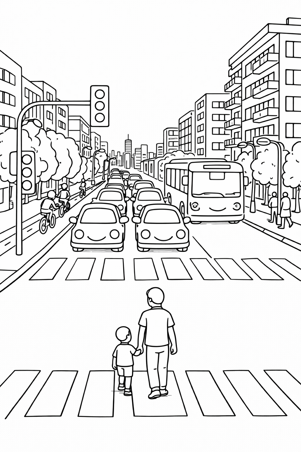Children can color a city street with cars, a bus, bicycles, and people crossing, capturing the essence of urban life.