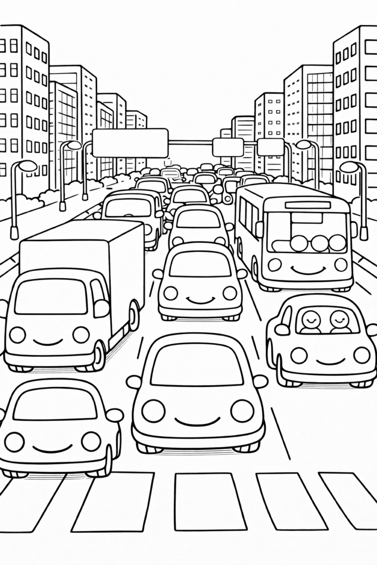 Children can color a lively city traffic scene with smiling cars and buses amidst towering buildings, showcasing a bustling urban environment perfect for imaginative play and learning.