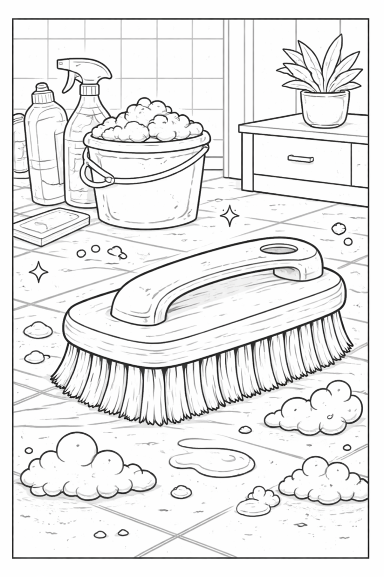 A detailed coloring page with cleaning supplies, featuring a large brush, soap bubbles, bottles, and a mop bucket in a tiled room.