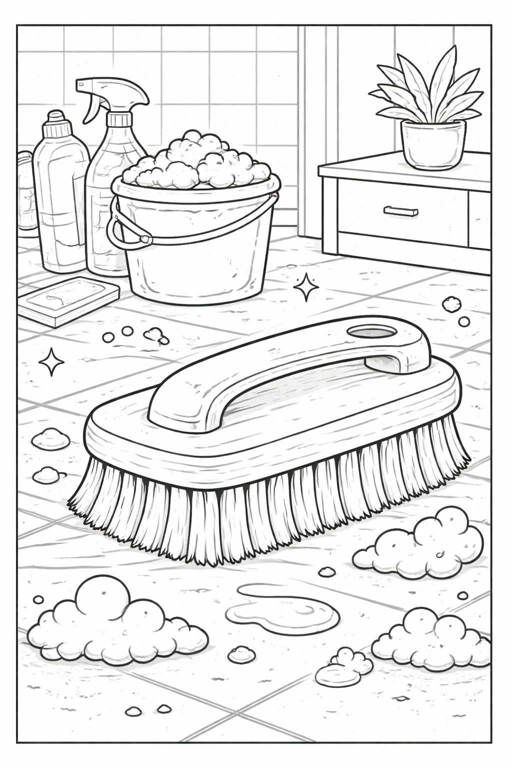 A detailed coloring page with cleaning supplies, featuring a large brush, soap bubbles, bottles, and a mop bucket in a tiled room.