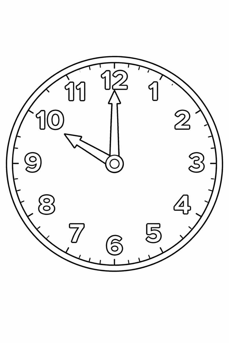 Coloring page showing an analog clock with numbers 1 to 12 and clock hands. Children can learn and color the clock for fun and education.