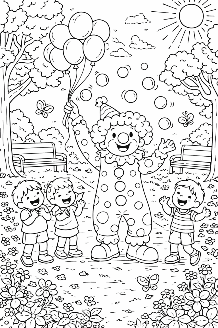 A cheerful clown entertaining three smiling children with balloons and bubbles in a sunny park surrounded by flowers and butterflies.