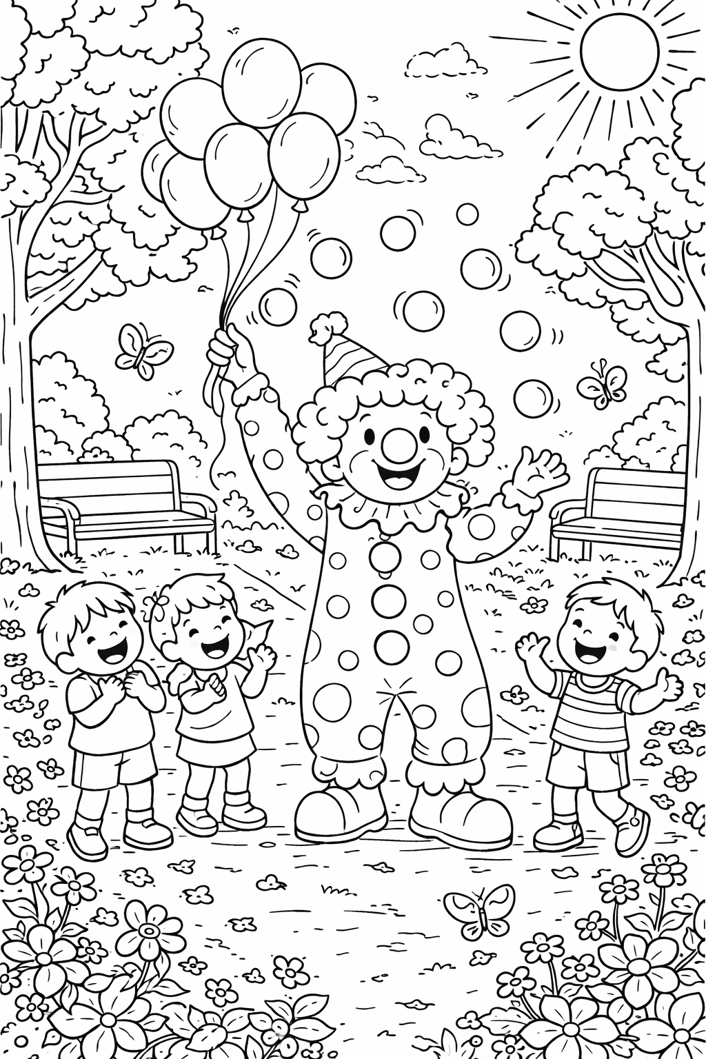 A cheerful clown entertaining three smiling children with balloons and bubbles in a sunny park surrounded by flowers and butterflies.