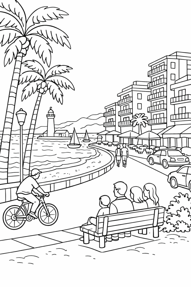 Children’s coloring page depicting a lively coastal cityscape with palm trees, a lighthouse, and sailboats. People seen walking, biking, and sitting on a bench along the promenade.