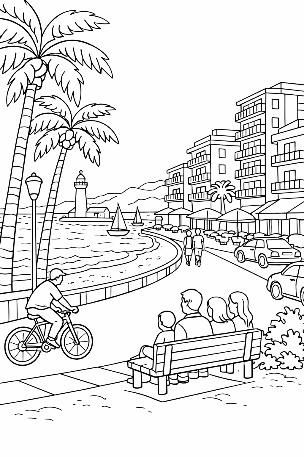 Children’s coloring page depicting a lively coastal cityscape with palm trees, a lighthouse, and sailboats. People seen walking, biking, and sitting on a bench along the promenade.