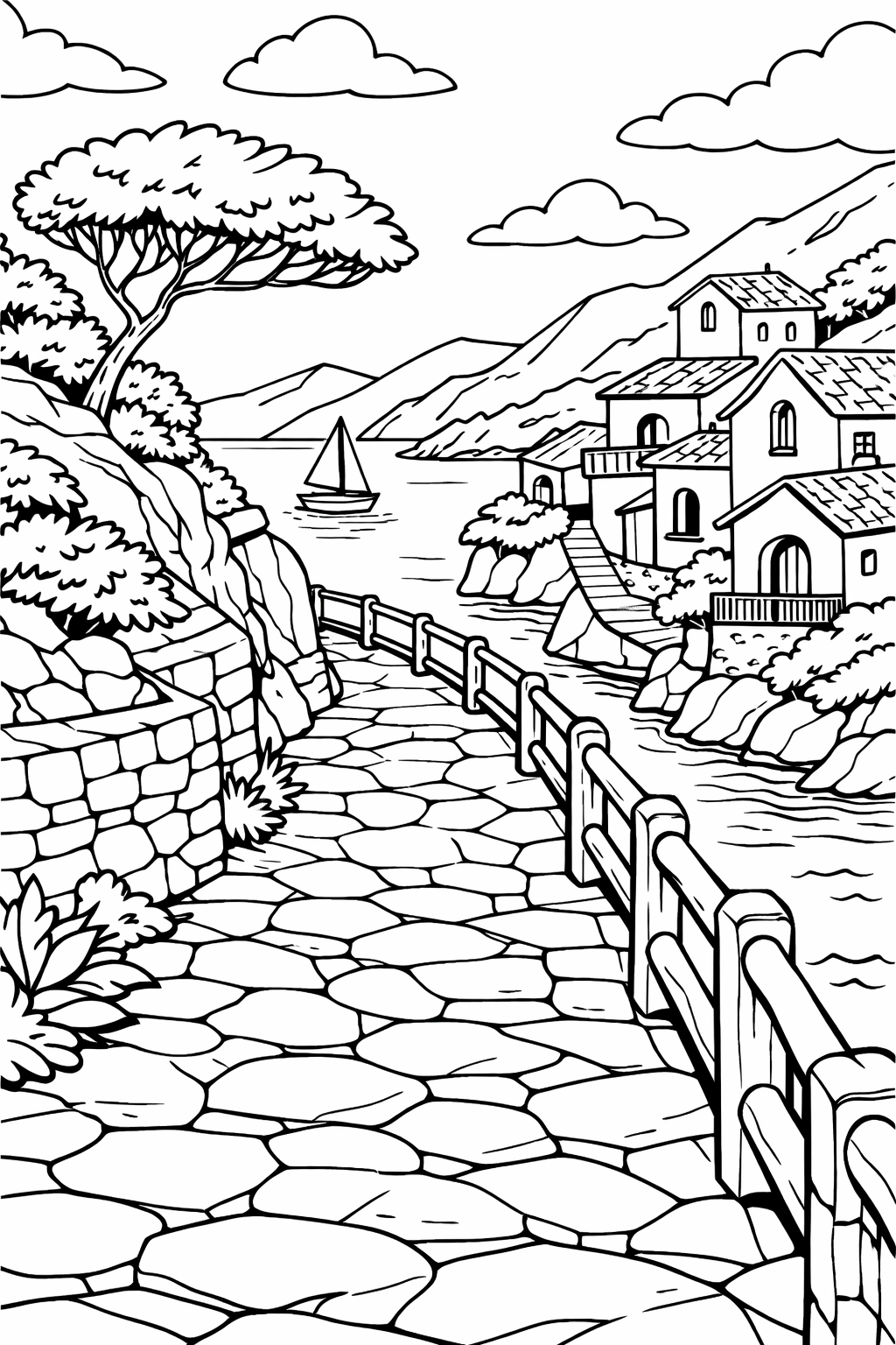 A tranquil coastal landscape coloring page with houses perched on cliffs, a winding stone path, and a sailboat in the sea, perfect for kids to color.