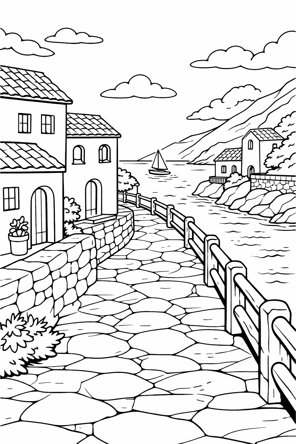 A children's coloring page showing a coastal scene with quaint houses, a winding stone path, and a small sailboat on the water, all under a tranquil cloudy sky.