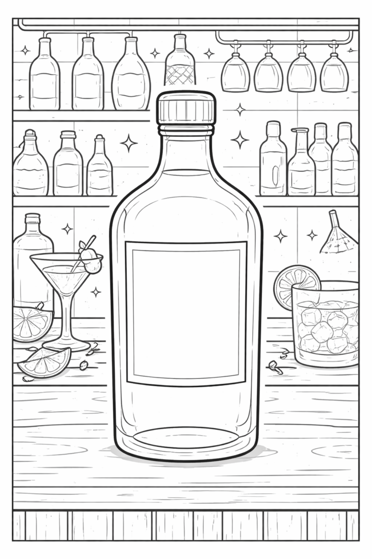 A detailed coloring page of a cocktail bar scene with bottles, a large center bottle, glasses, citrus slices, and other bar elements. Children can color various beverage themes in this bar setting.