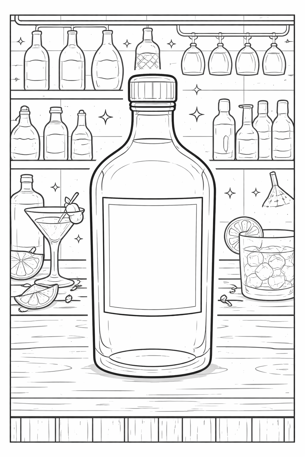A detailed coloring page of a cocktail bar scene with bottles, a large center bottle, glasses, citrus slices, and other bar elements. Children can color various beverage themes in this bar setting.