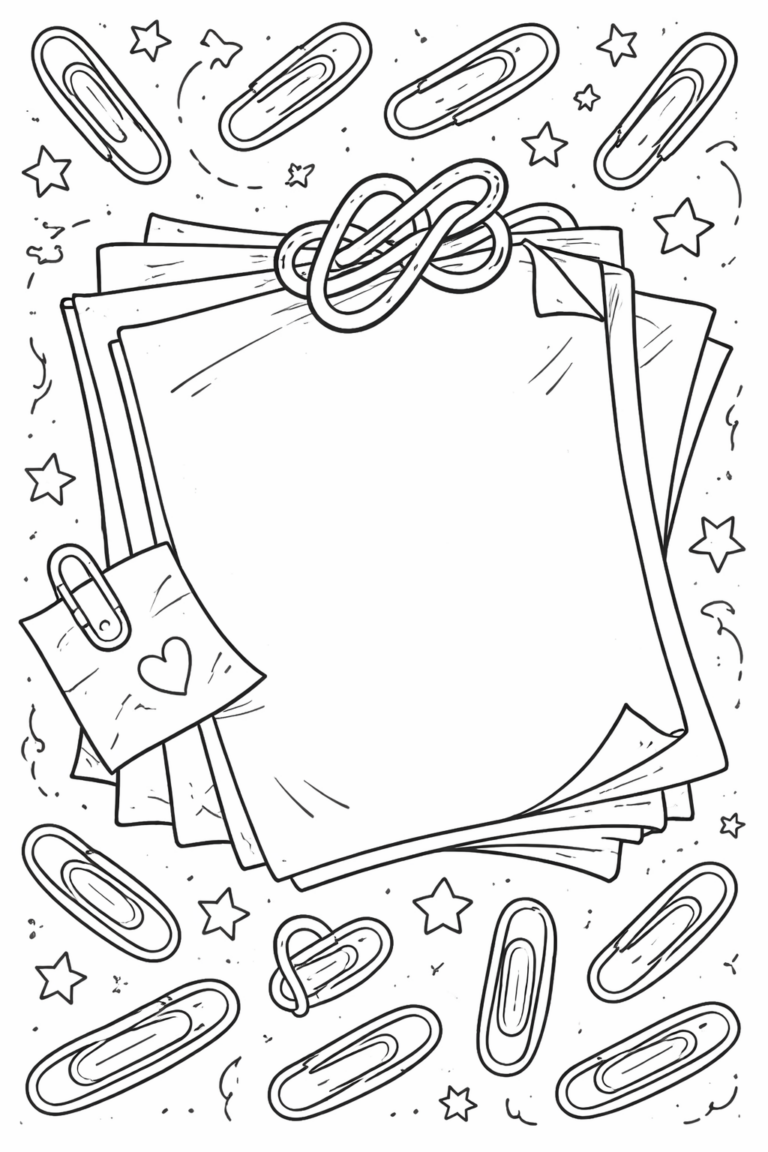 Children's coloring page showcasing papers and paper clips interspersed with stars. The playful arrangement invites young artists to use their imagination and creativity in adding vibrant colors to a simple, everyday theme.