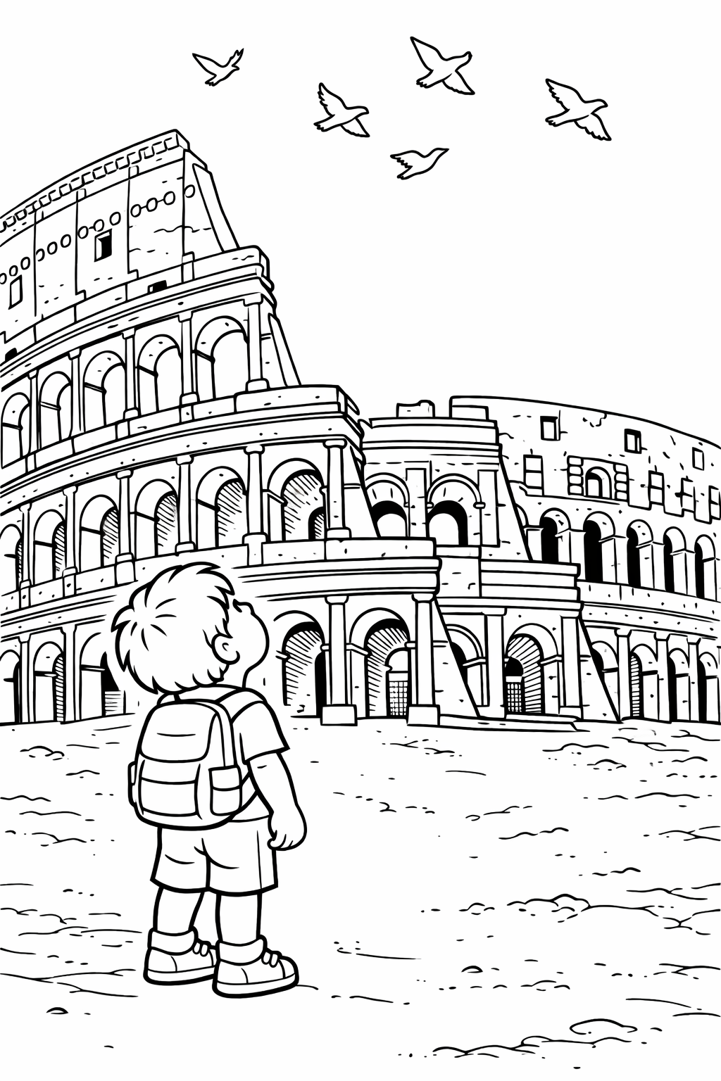 A child with a backpack stands before the majestic Colosseum in Rome, with several birds soaring above, creating an adventurous setting. This coloring page captures the wonder of history and exploration for young imaginations.