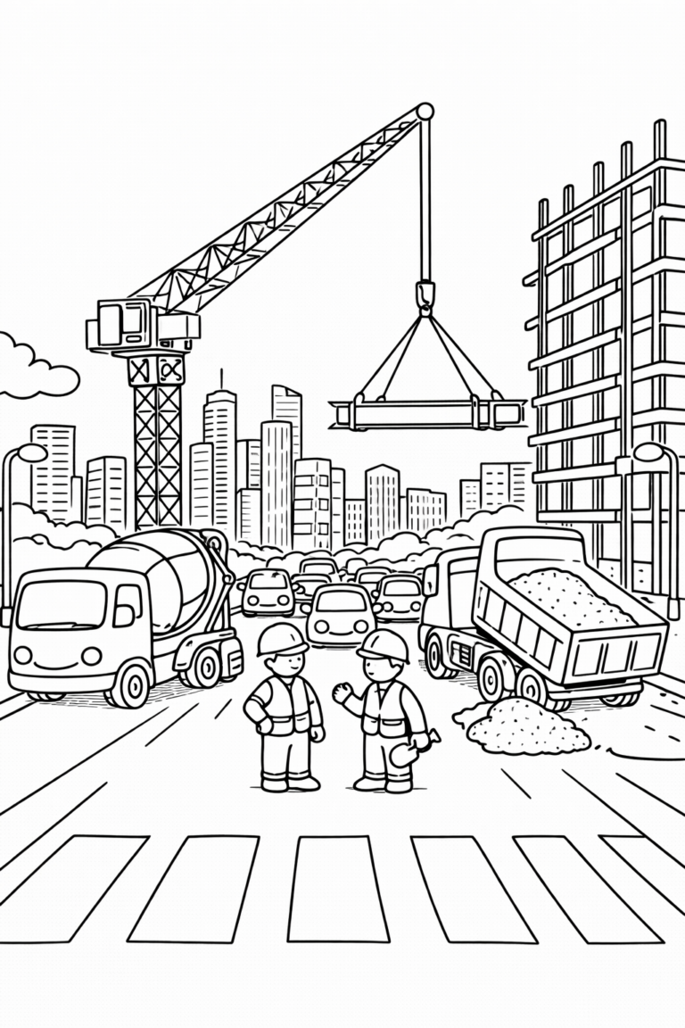 Children's coloring page showing a lively construction site with workers, cranes, trucks, and a cityscape. Ideal for kids to explore construction themes through coloring.