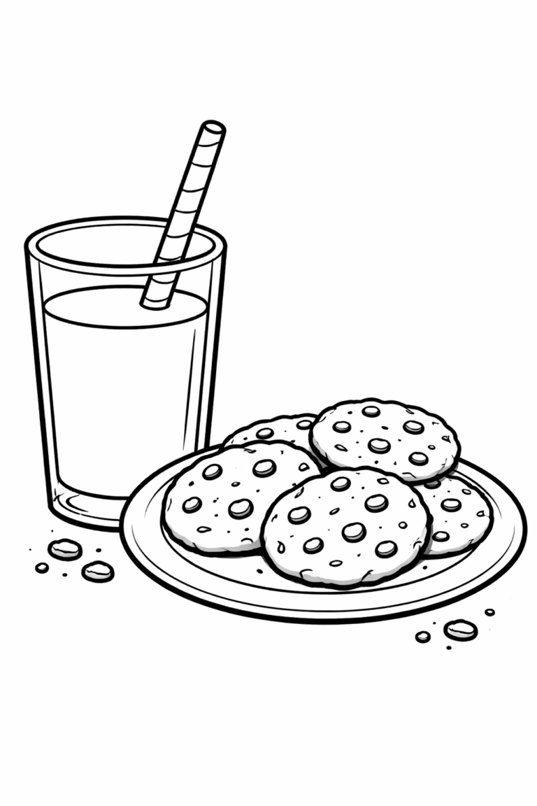 A children's coloring page depicting a fun scene with a plate of cookies and a glass of milk with a striped straw, ready to be colored.