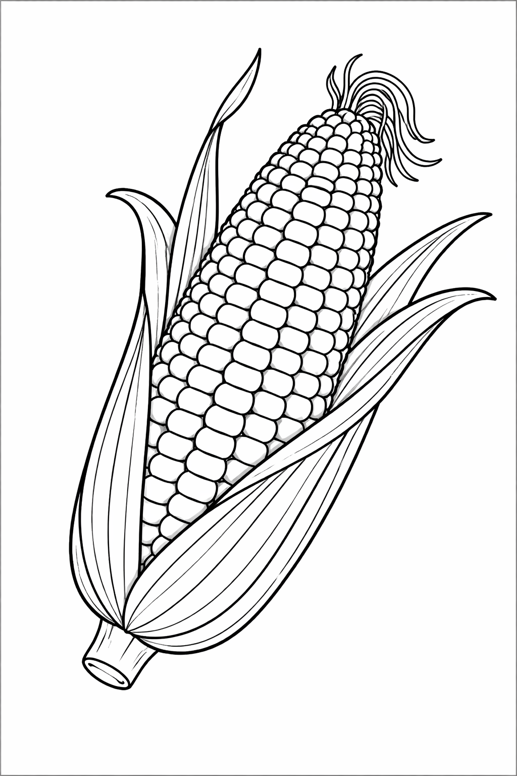 A detailed corn coloring page showing an ear of corn with kernels and husks, providing a fun creative activity for children interested in nature.