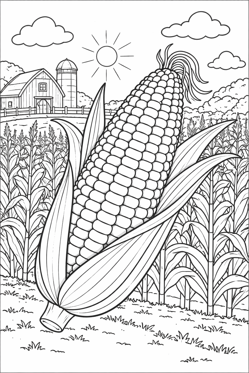 A detailed coloring page of a corn field with a prominent corn cob, a barn, silo, sun, and clouds in the background. It offers children an opportunity to create a vibrant farm scene.