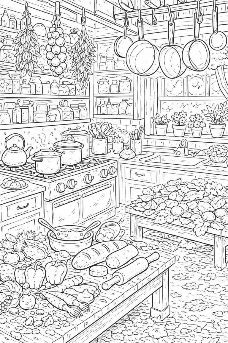 A detailed coloring page of a cozy kitchen with various utensils, pots, pans, and fresh vegetables. Shelves are lined with jars and there are plants by the window. Ideal for children to color and explore imaginative play.
