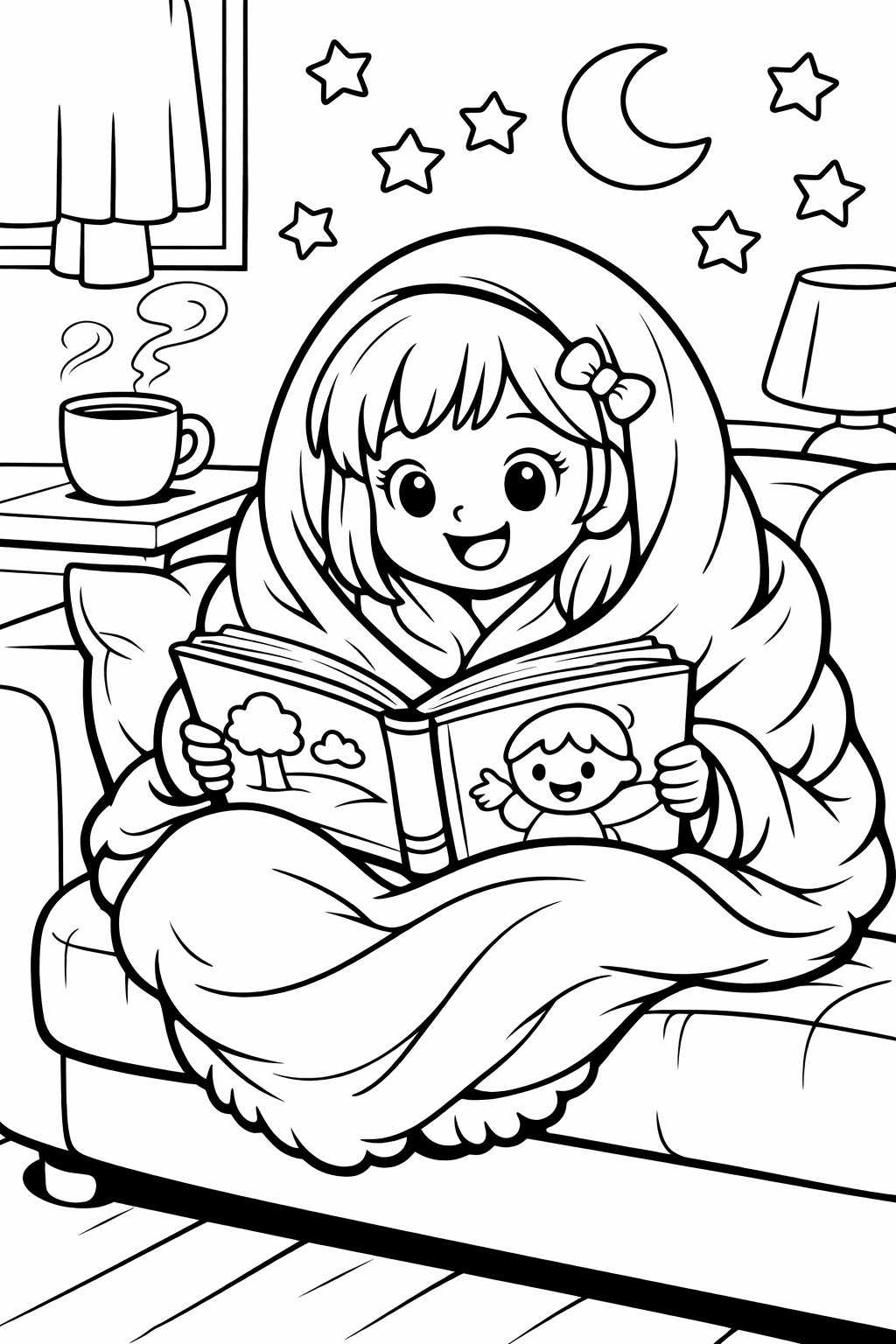 A child snugly wrapped under a blanket on a sofa, holding a storybook with stars and a crescent moon in the background. A warm drinks and gentle lamp light enhance the cozy nighttime setting.