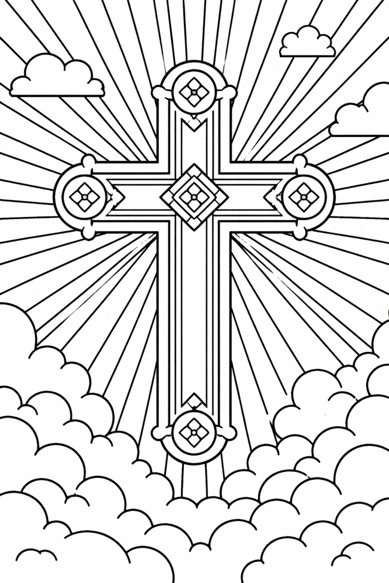 A detailed coloring page showing an ornate cross with patterns, surrounded by clouds and rays, offering kids an opportunity to engage in creative coloring activities. Perfect for exploring artistic abilities.