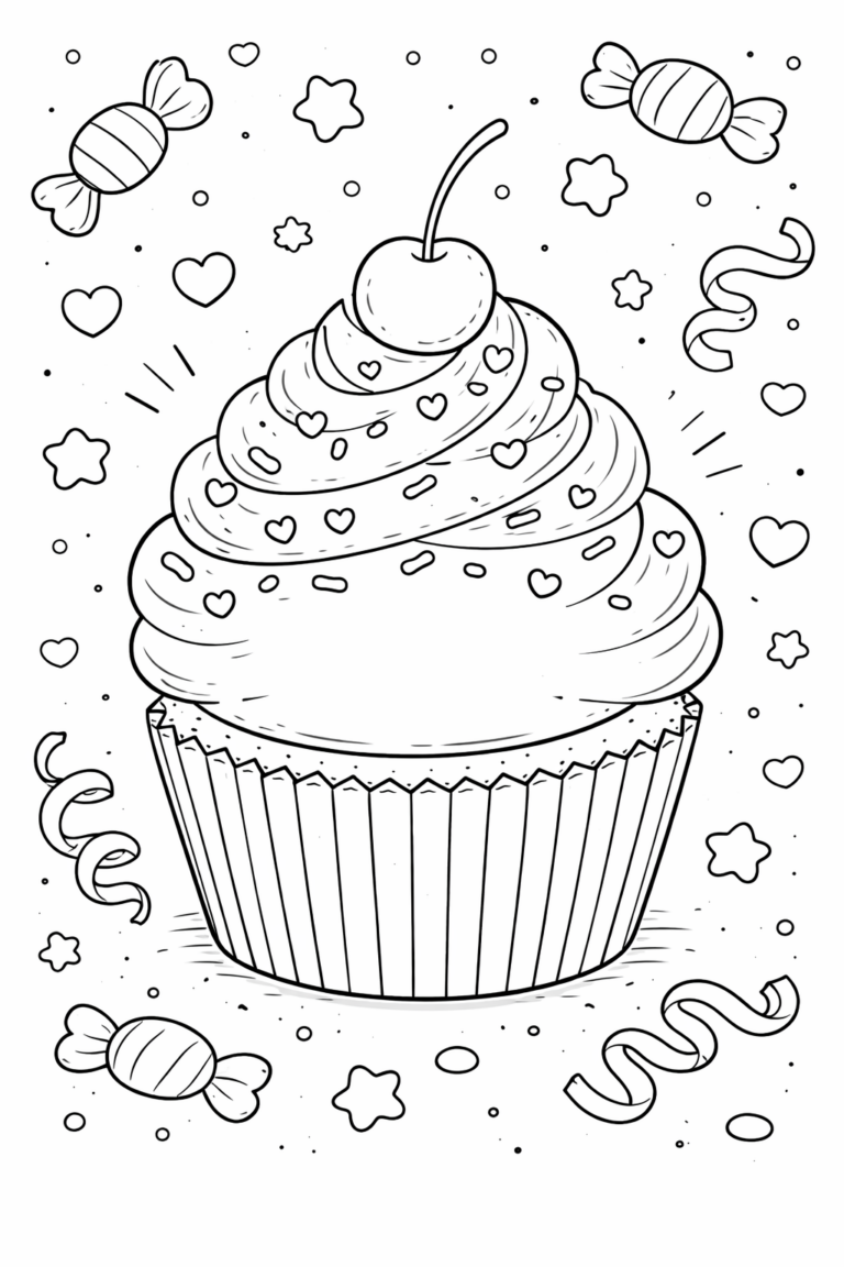 A cupcake coloring page for children with sprinkles and a cherry, surrounded by candies and ribbons, promoting creativity and fun in a sweet-themed activity.