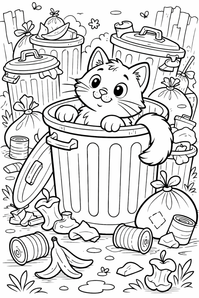 Coloring page of a curious kitten sitting inside a trash can, surrounded by garbage bags and trash cans, in a playful backyard setting. Children can enjoy coloring this fun and imaginative scene with a joyful kitten exploring its surroundings.