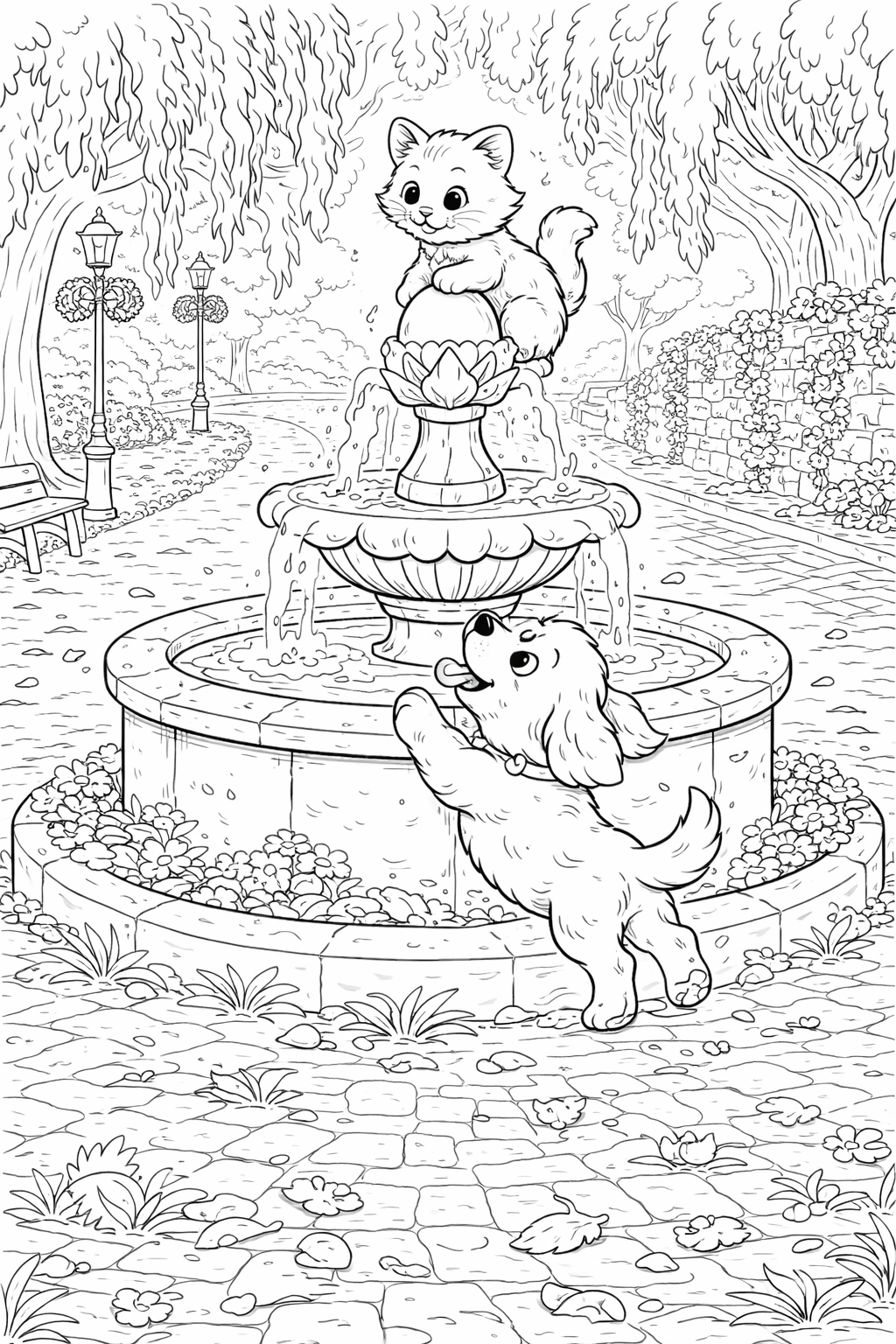 A delightful coloring scene of a puppy and kitten by a fountain, encouraging creativity and focus as children explore a park setting with blooming flowers and gently flowing water.