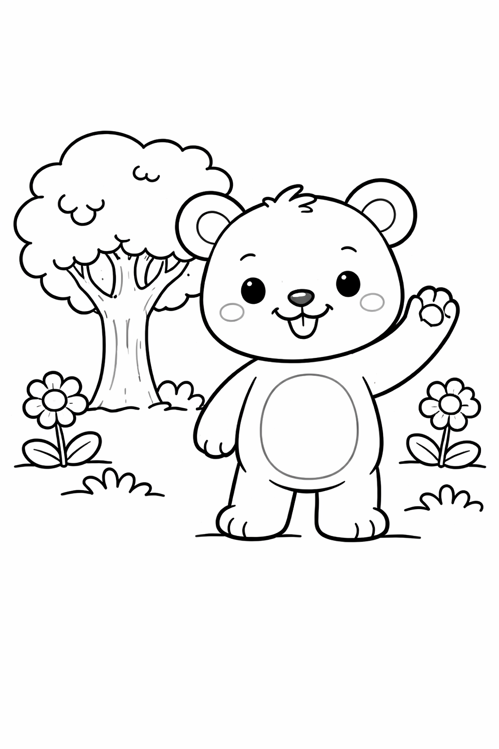A charming bear stands happily beside a tree with flowers blooming in the foreground. The scene invites children to fill it with color and imagination, making it an engaging activity that helps develop fine motor skills.
