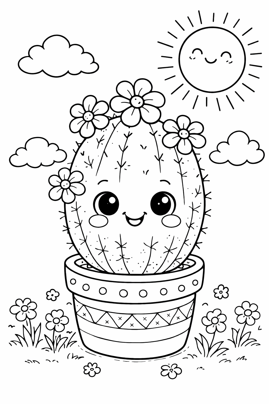 A cute cactus with a smiling face, decorated with flowers, in a pot. The scene includes a smiling sun and fluffy clouds. Perfect coloring activity for children to enjoy adding colors to this playful and friendly design.