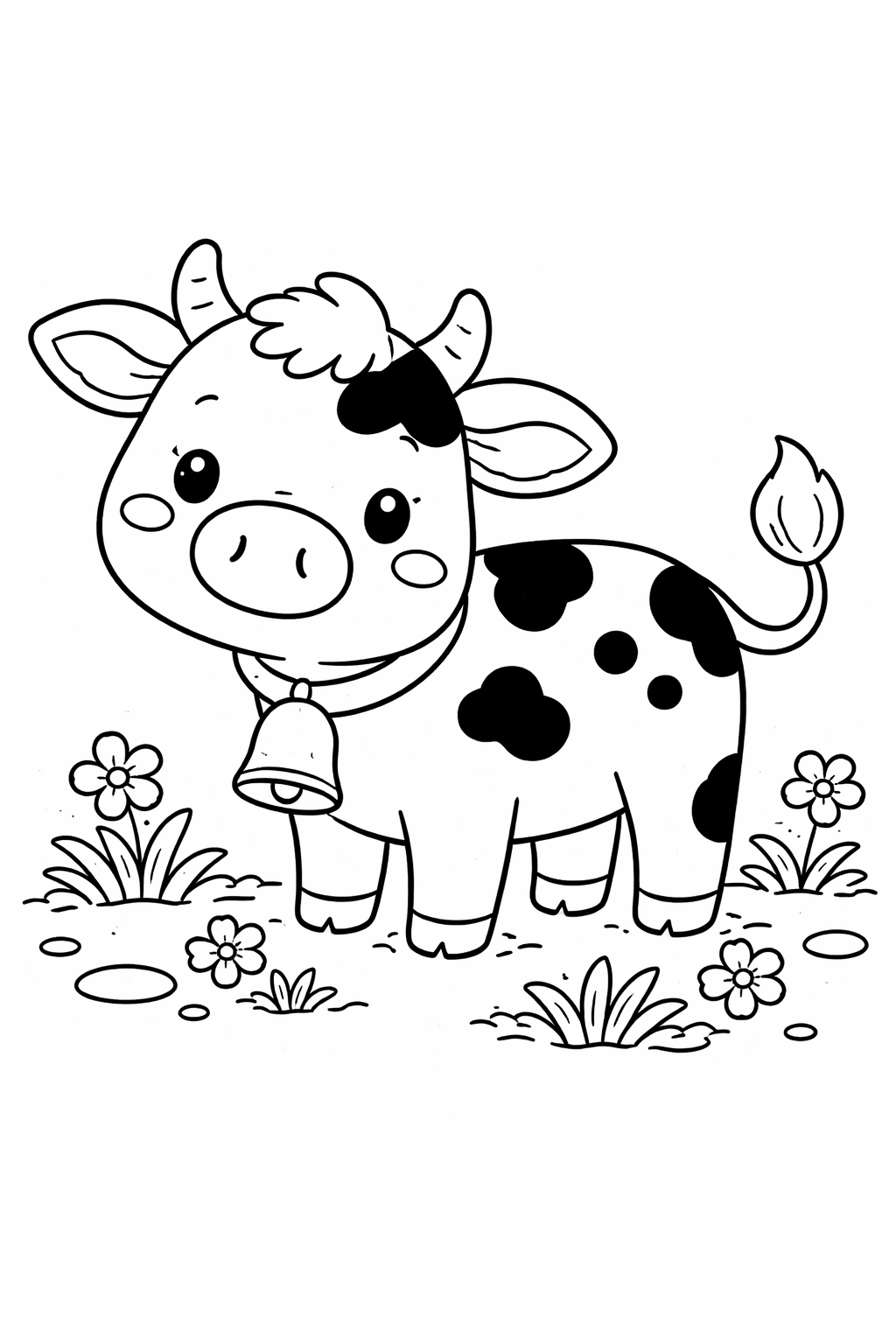 An outlined cute cow with big round eyes, adorned with spots and a bell, standing amidst simple flowers and grass designed for children to color.