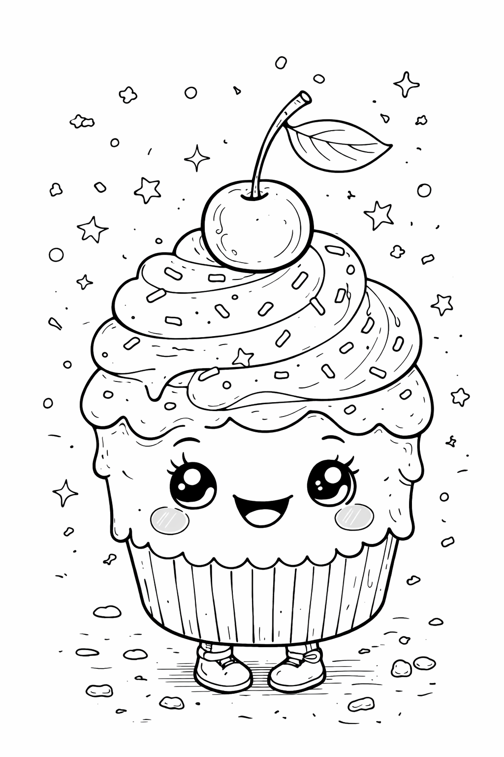 A cute cupcake with a smiling face, topped with a cherry and surrounded by stars and sprinkles. The cupcake has eyes, cheeks, and shoes, creating a playful and imaginative coloring experience for children.