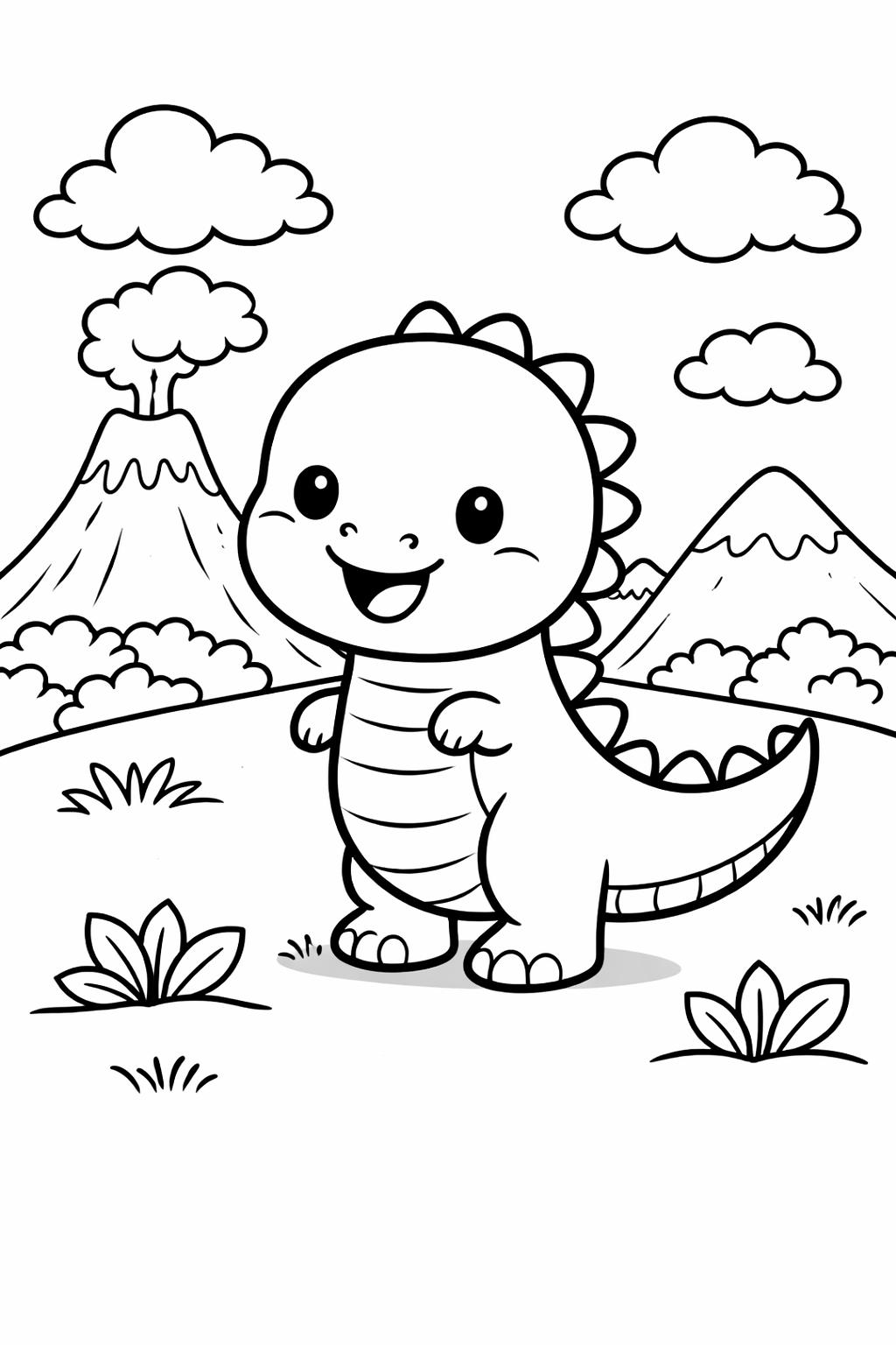 A cute dinosaur in a prehistoric landscape with mountains and a volcano, perfect for kids to color and enjoy.