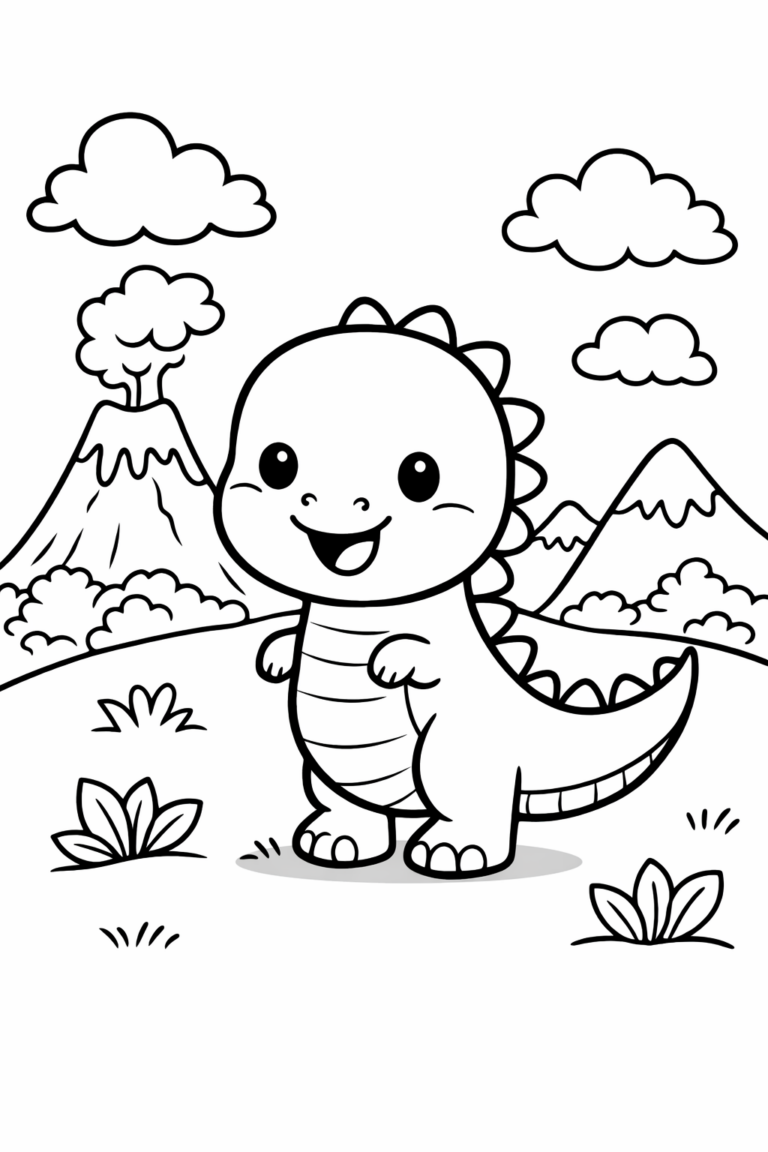 A coloring page of a cute dinosaur in a prehistoric scene with erupting volcanoes and clouds. Perfect for children to explore their creativity and learn about mythical creatures.